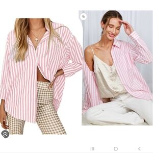Vine & Love NWT Pink & White Striped Love Sleeve Summer Button Down Top